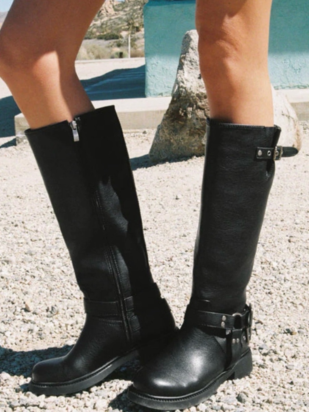 Billini Kylen Knee High Biker Boots Black Harness Riding Boots Size 9 - Picture 2 of 5